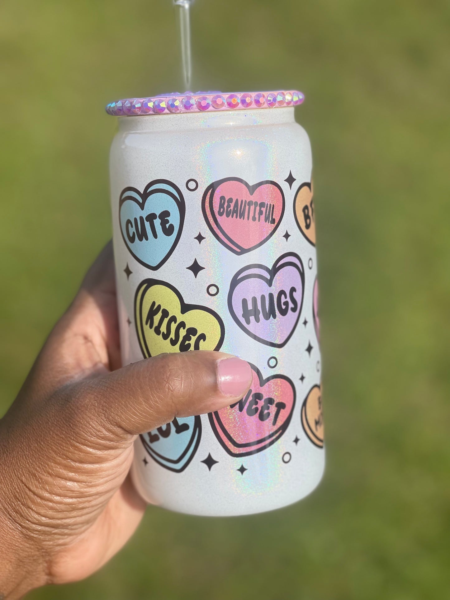 Conversation Hearts Glass Can